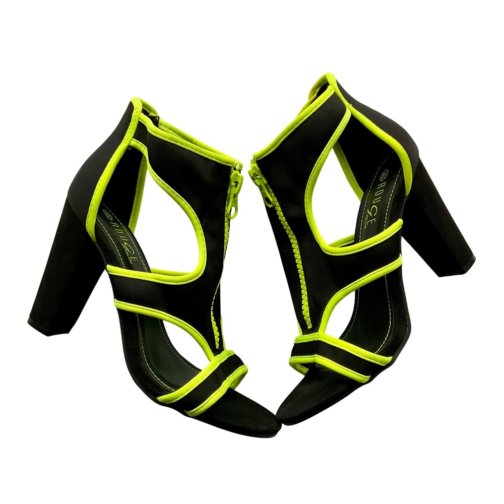 NWOT Rouge Helium Neon Yellow Black Cutout Block Heel Sandals‎ Size 8.5 Zip Up
